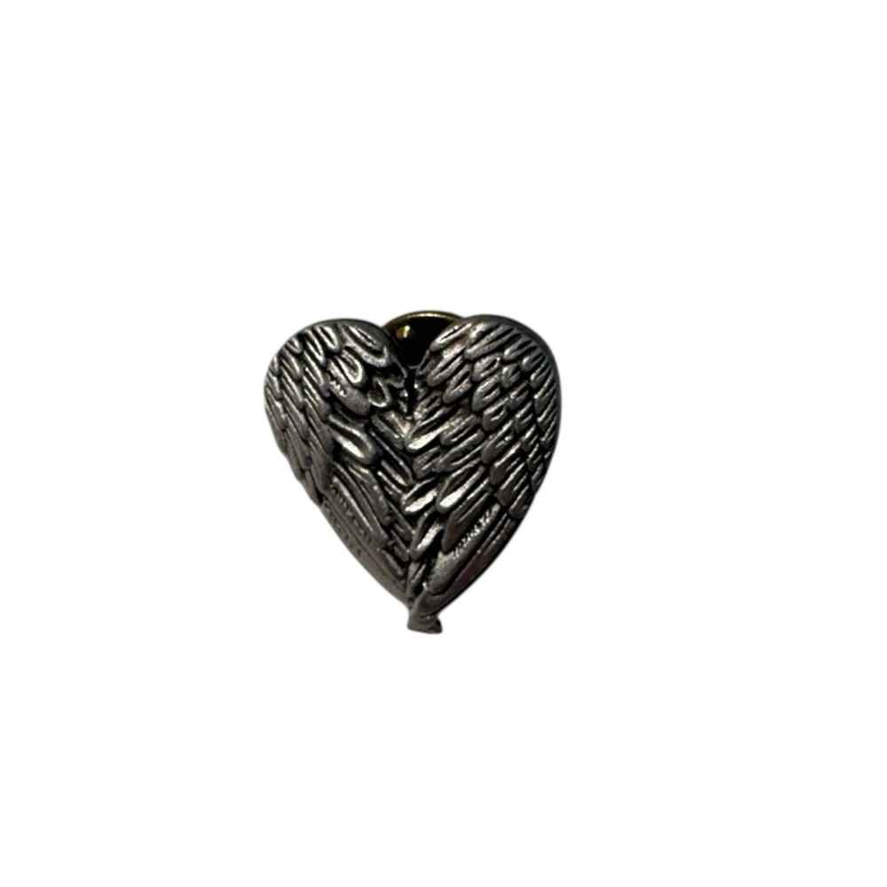 Vintage Gold Tone Textured Angel Wings Heart Shape Brooch Lapel Pin